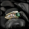 Emerald and Diamond frame ring in 14K Yellow, Rose and white gold.