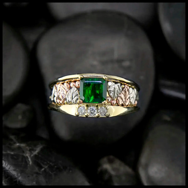 Emerald and Diamond frame ring in 14K Yellow, Rose and white gold.