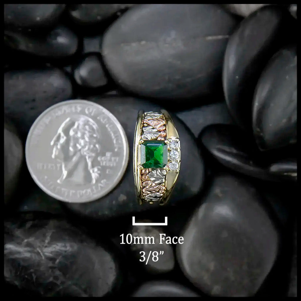 Emerald and Diamond frame ring in 14K Yellow, Rose and white gold.