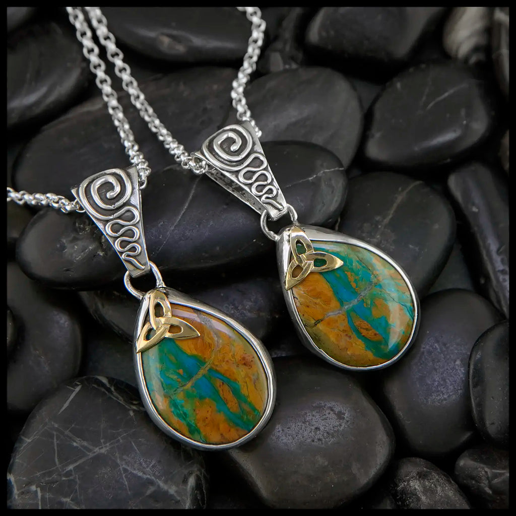Peruvian Opal Pendants Set in Sterling Silver with 18K Yellow Gold Trinity Knots