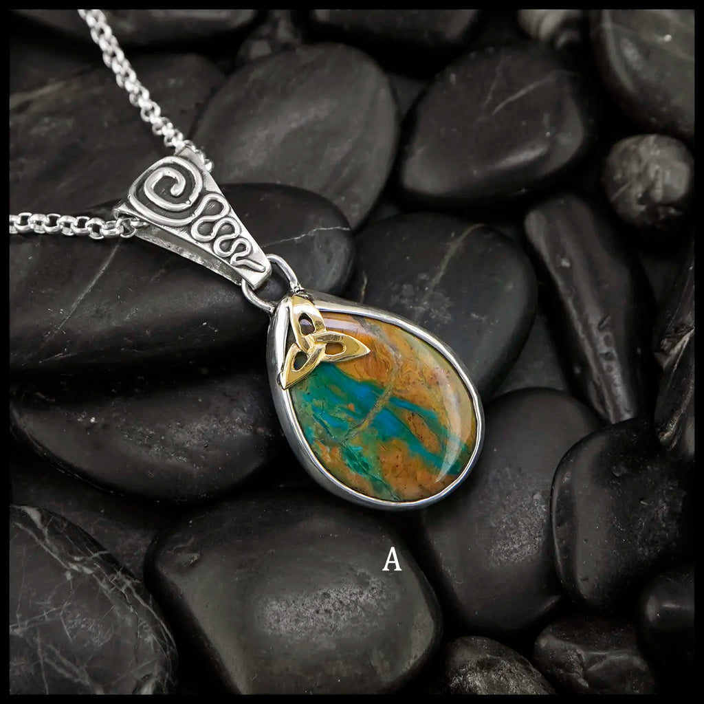 Peruvian Opal Pendants Set in Sterling Silver with 18K Yellow Gold Trinity Knots