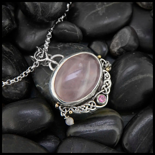 Rose Quartz and Pink tourmaline custom Pendant in Sterling silver and 18K gold