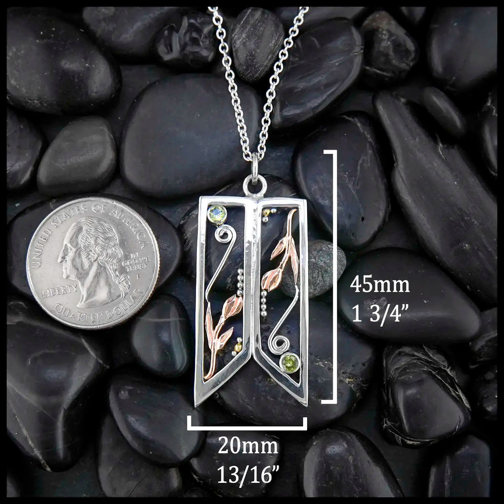 Twin Tulip Pendant in Sterling Silver and 14K Rose gold with Peridot and 18K Yellow Gold Beads