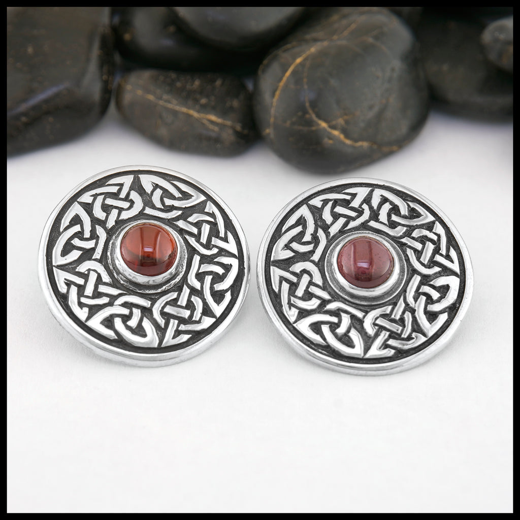 Celtic Wheel of Life Post Earrings with Garnet in Silver