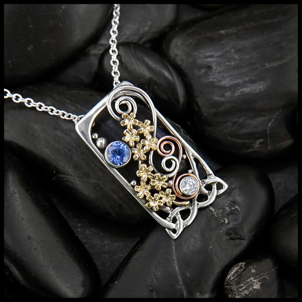 Tanzanite and Diamond Forget Me Not Pendant in Sterling Silver, 14K Rose Gold, and 18K Yellow Gold