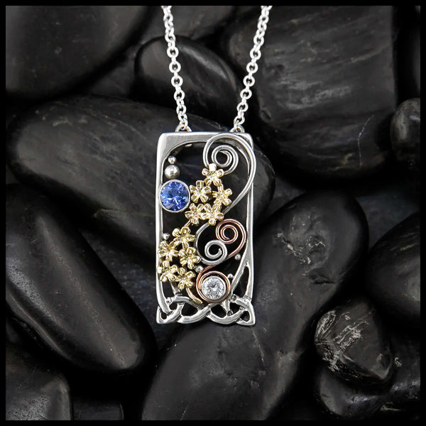 Tanzanite and Diamond Forget Me Not Pendant in Sterling Silver, 14K Rose Gold, and 18K Yellow Gold
