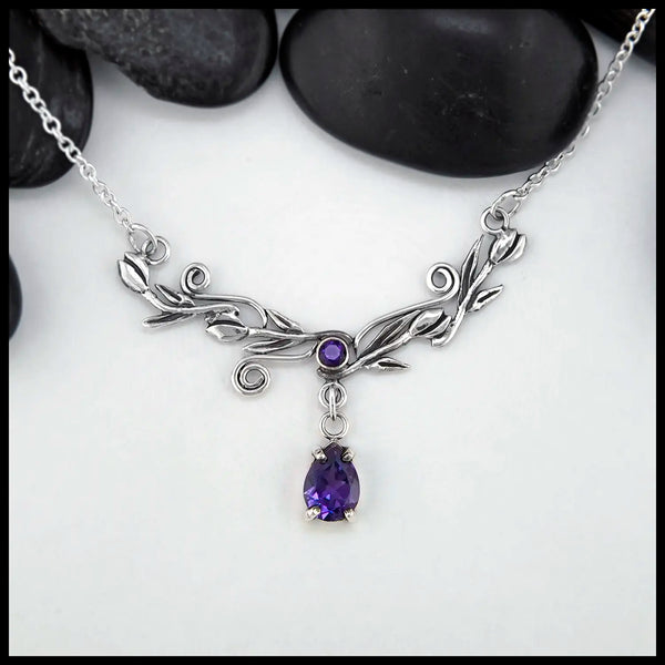 Tulip Bar Necklace in Sterling Silver with Amethyst and Lab Alexandrite