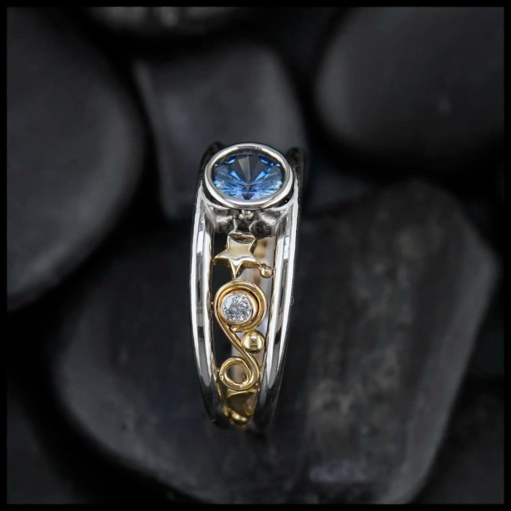 Montana Sapphire and Diamond Frame ring in 14K White and 18K Yellow Gold
