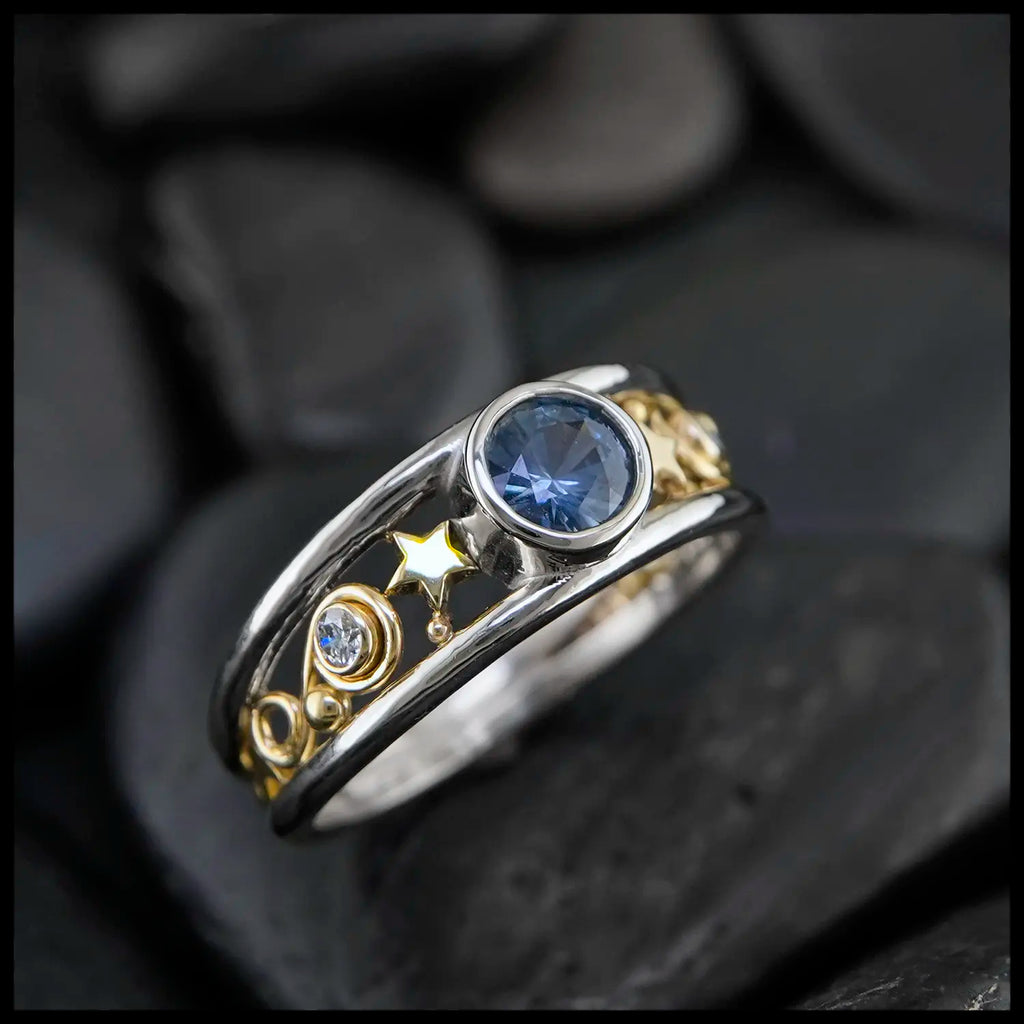 Montana Sapphire and Diamond Frame ring in 14K White and 18K Yellow Gold