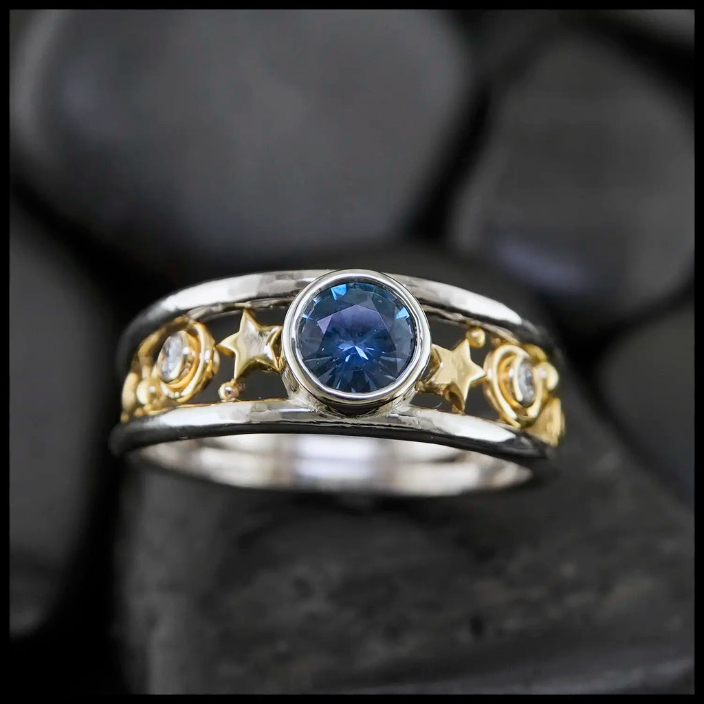 Montana Sapphire and Diamond Frame ring in 14K White and 18K Yellow Gold