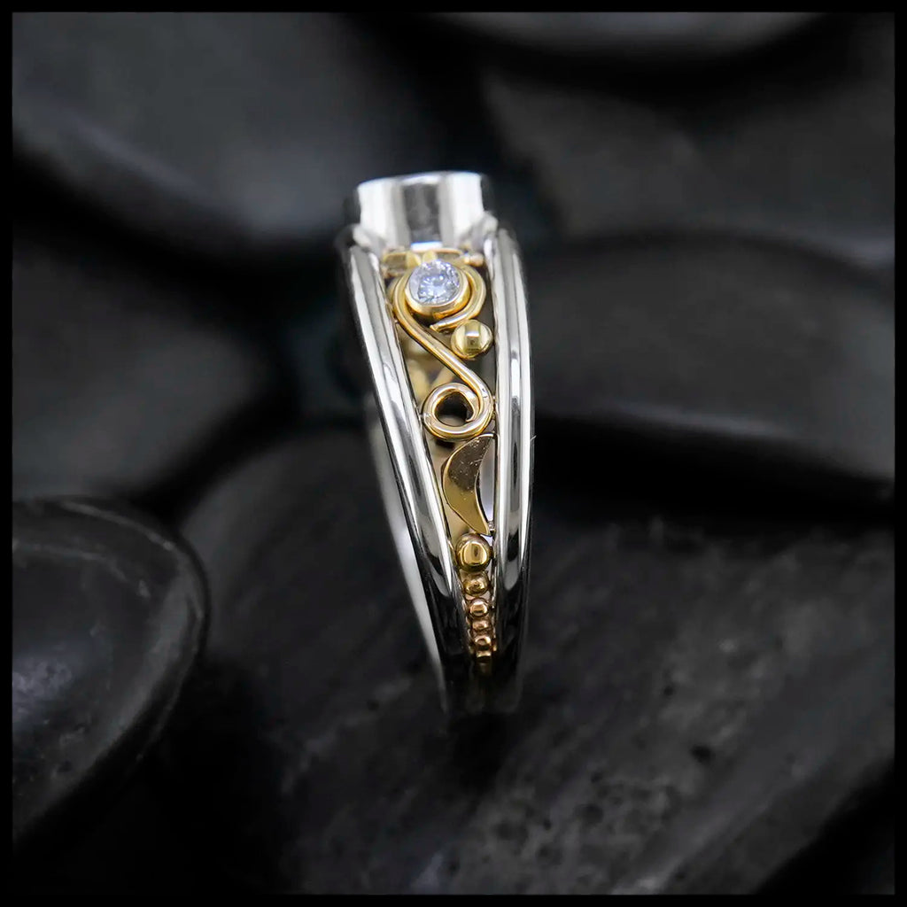 Montana Sapphire and Diamond Frame ring in 14K White and 18K Yellow Gold