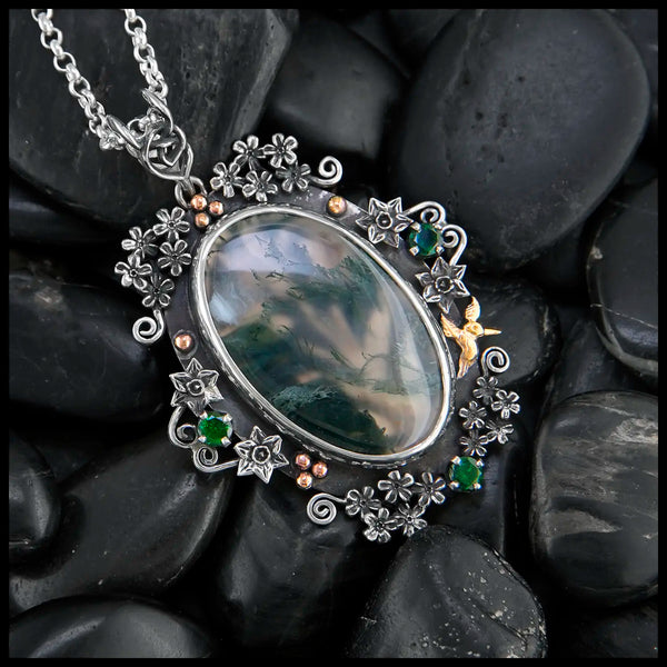 Brigid's Bouquet Pendant with Moss Agate and Tsavorite in Sterling Silver, 14K Rose Gold, and 18K Yellow Gold- Pendant A