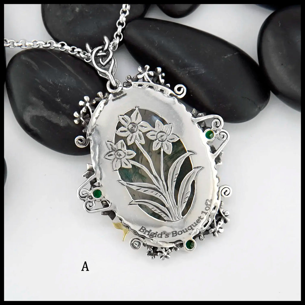 Brigid's Bouquet Pendant with Moss Agate and Tsavorite in Sterling Silver, 14K Rose Gold, and 18K Yellow Gold- Pendant A