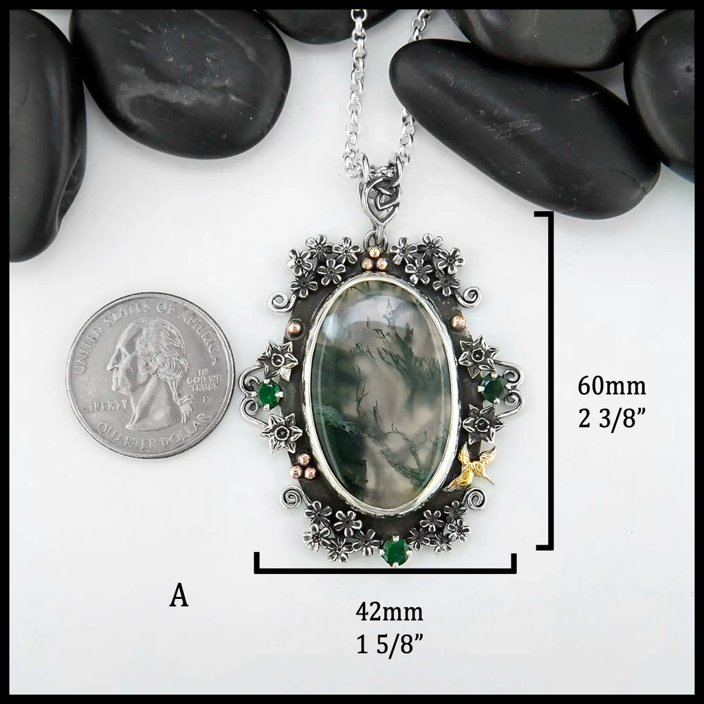Brigid's Bouquet Pendant with Moss Agate and Tsavorite in Sterling Silver, 14K Rose Gold, and 18K Yellow Gold- Pendant A
60mm x 42mm