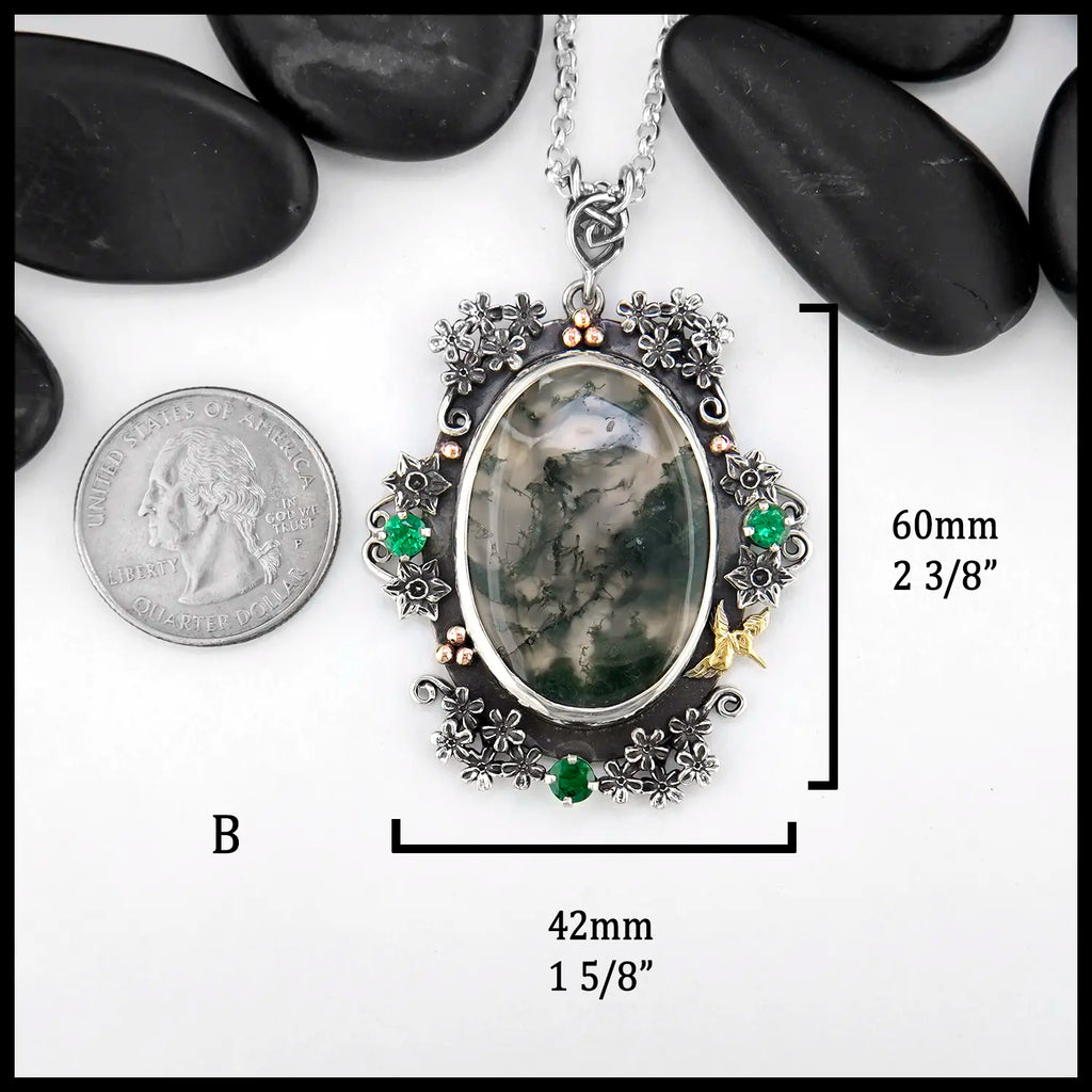 Brigid's Bouquet Pendant with Moss Agate and Tsavorite in Sterling Silver, 14K Rose Gold, and 18K Yellow Gold- Pendant B
60mm x 42mm