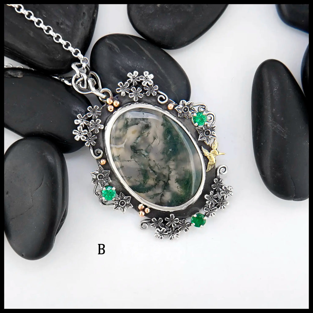 Brigid's Bouquet Pendant with Moss Agate and Tsavorite in Sterling Silver, 14K Rose Gold, and 18K Yellow Gold- Pendant B