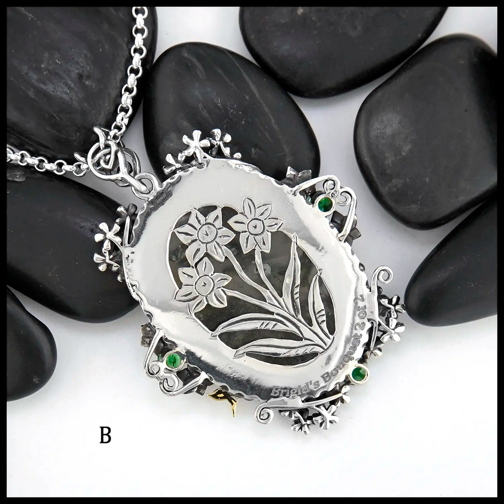 Brigid's Bouquet Pendant with Moss Agate and Tsavorite in Sterling Silver, 14K Rose Gold, and 18K Yellow Gold- Pendant B