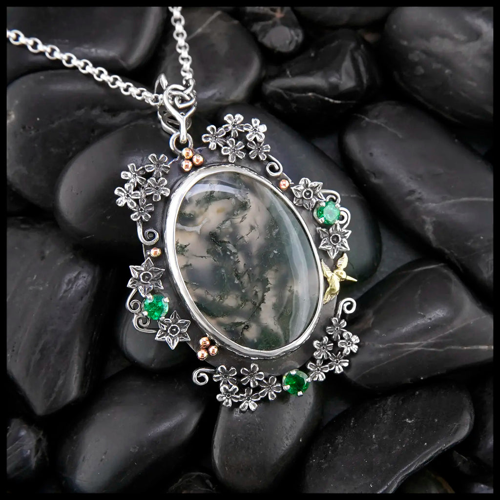 Brigid's Bouquet Pendant with Moss Agate and Tsavorite in Sterling Silver, 14K Rose Gold, and 18K Yellow Gold- Pendant B
