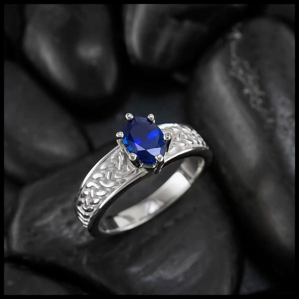 Oval Sapphire Tapered Knot ring in 14K White Gold