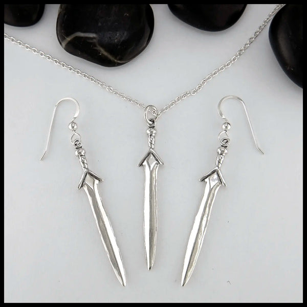 Sterling Silver Sword Pendant and Drop Earrings
