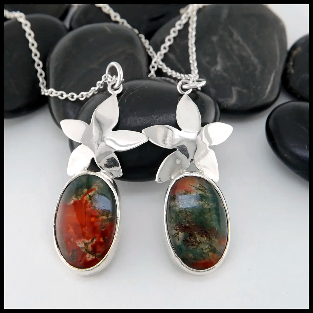 Moss Agate flower Pendants in Sterling Silver