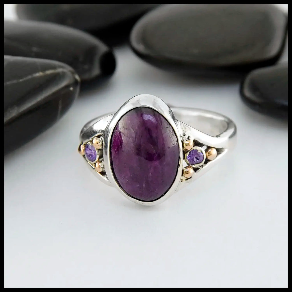 Custom Ruby Zoisite and Purple Sapphire Ring