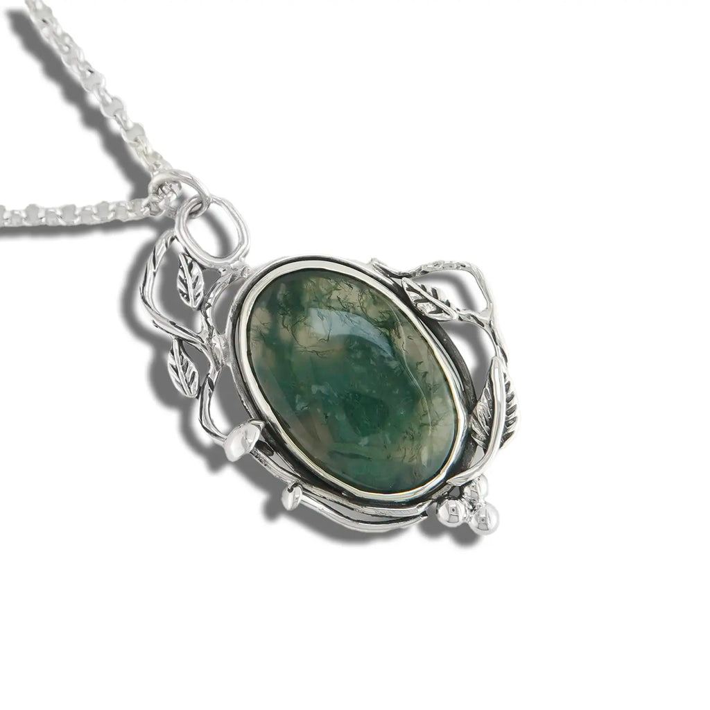 Moss Agate Garden Snail Pendant in Sterling Silver