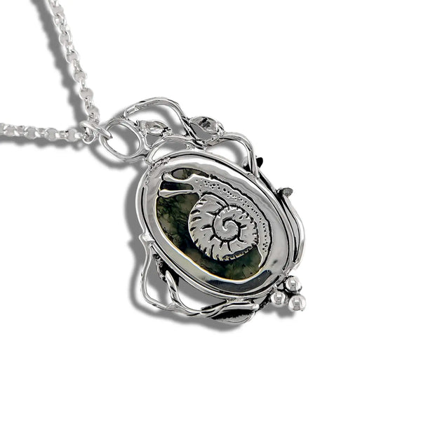 Moss Agate Garden Snail Pendant in Sterling Silver