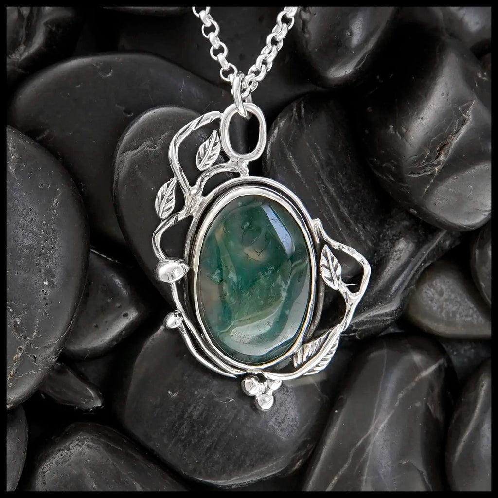 Moss Agate Garden Snail Pendant in Sterling Silver