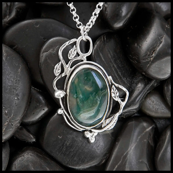 Moss Agate Garden Snail Pendant in Sterling Silver
