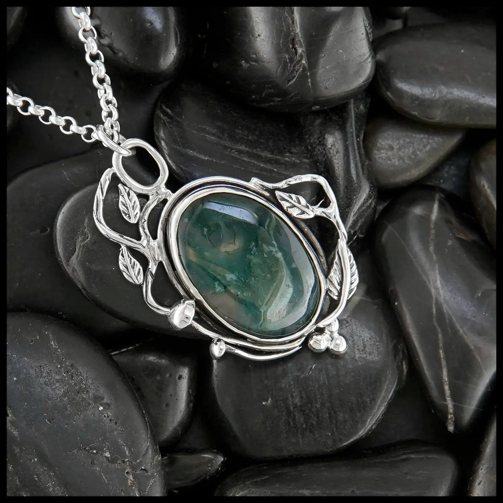 Moss Agate Garden Snail Pendant in Sterling Silver