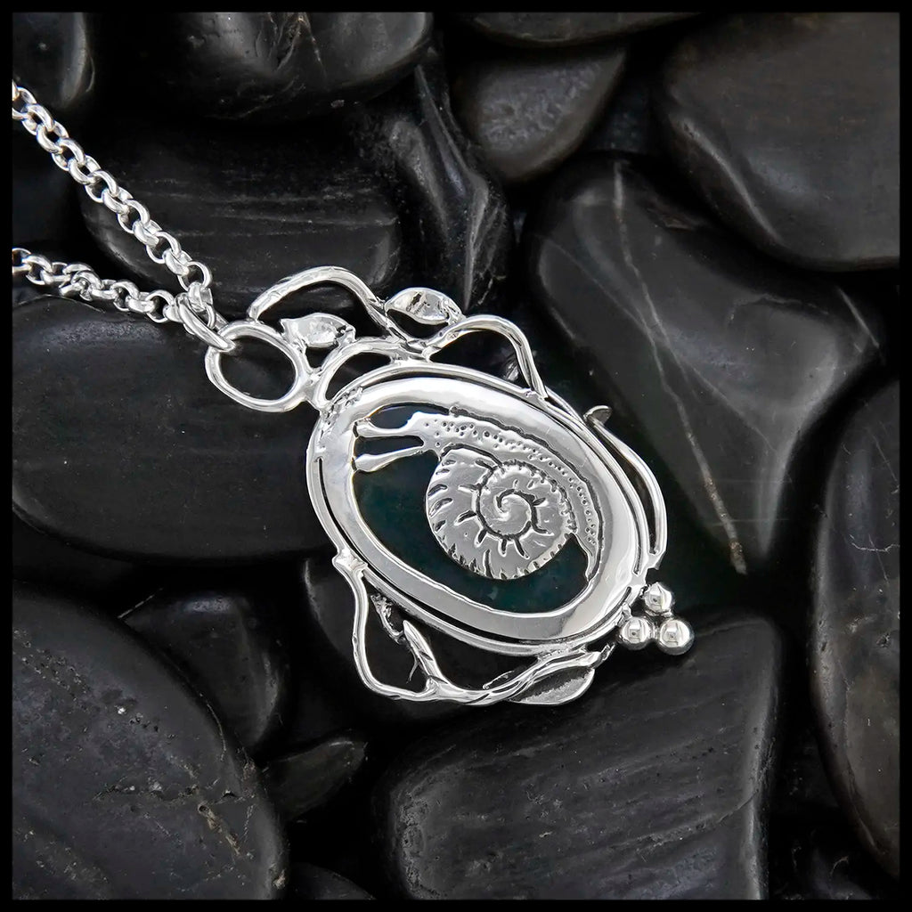Moss Agate Garden Snail Pendant in Sterling Silver