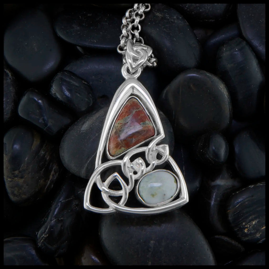 Custom Triangular Celtic Knot Pendant in Sterling Silver With a polished Iona Bloodstone Cabochon and a Polished Connemara Marble Cabochon, Celtic knot tapered bale on a Large 18 inch Rolo Chain. Made by Steve Walker.