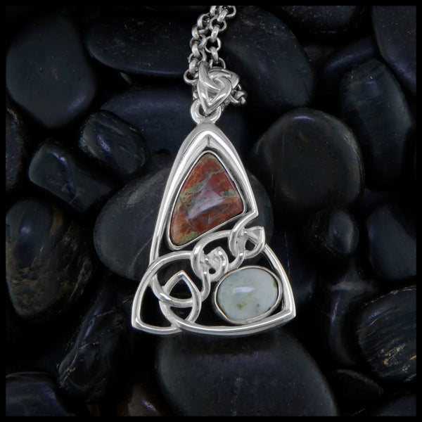 Custom Triangular Celtic Knot Pendant in Sterling Silver With a polished Iona Bloodstone Cabochon and a Polished Connemara Marble Cabochon, Celtic knot tapered bale on a Large 18 inch Rolo Chain. Made by Steve Walker.