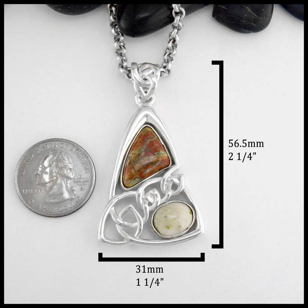 Custom Triangular Celtic Knot Pendant in Sterling Silver With a polished Iona Bloodstone Cabochon and a Polished Connemara Marble Cabochon, Celtic knot tapered bale on a Large 18 inch Rolo Chain. Measurements 56.5mm Tall and 31mm Wide. Made by Steve Walker.