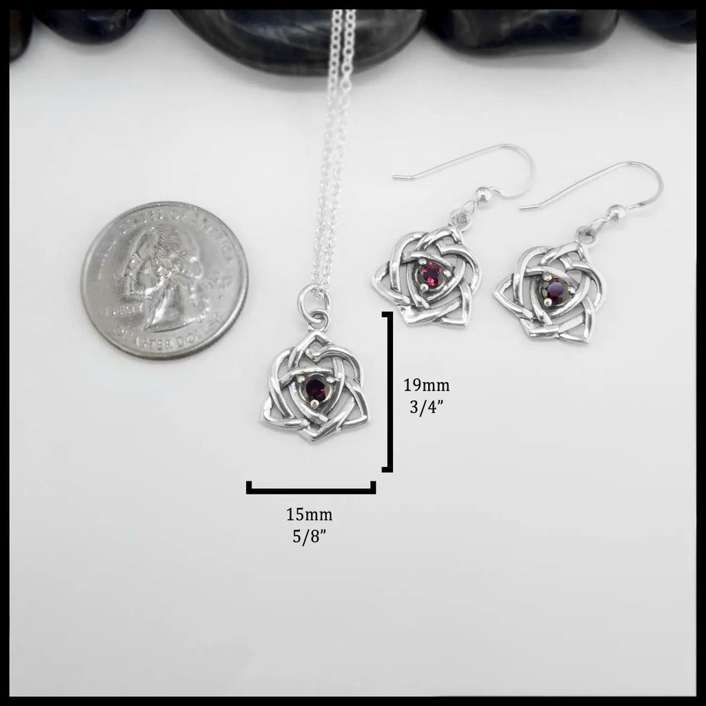Rhodolite Garnet Trinity Heart Limited Edition Set. The measurements are: 19mm or 3/4" Tall and 15mm or 5/8" Wide.