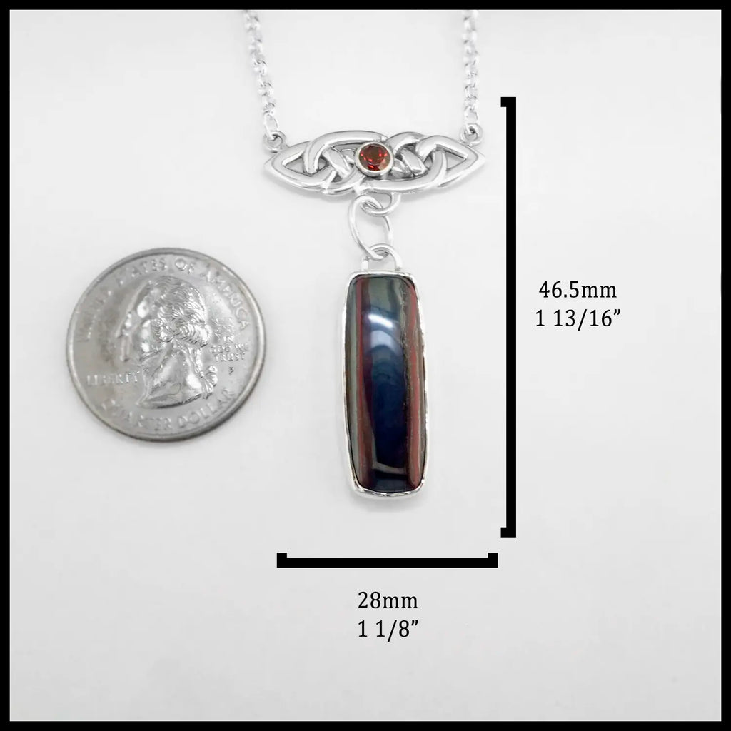 Necklace with pendant next to a quarter for scale on a white background. The measurements of this pendant are: 46.5mm or 1 13/16" Tall and 28mm or 1 1/8" Wide.