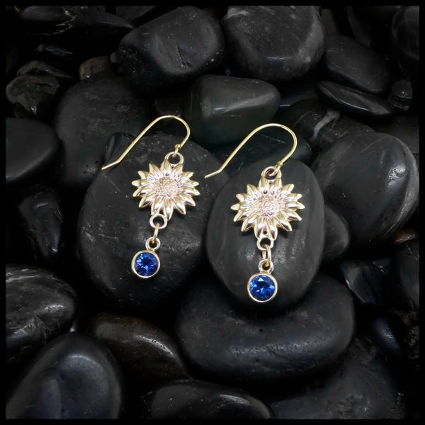 14k Yellow Gold Sunflower Drop Earrings with Bright Tanzanites Dangling, Below Bezel Set in 14K Yellow Gold. Made by our craftsman Nicole
