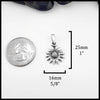 Silver sunflower pendant with size measurements relative to a quarter on a white background. Measurement: 25mm or 1" Tall and 16mm or 5/8" wide.