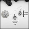 Silver sunflower earrings with measurements on a white background. measurements are 20mm or 13/16" tall and 16mm or 5/8" wide