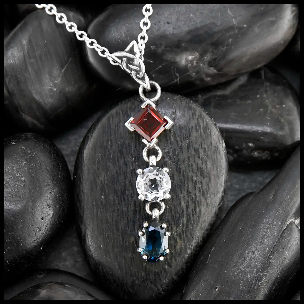 Garnet, White topaz, and Blue Topaz Patriotic pendant in Sterling Silver