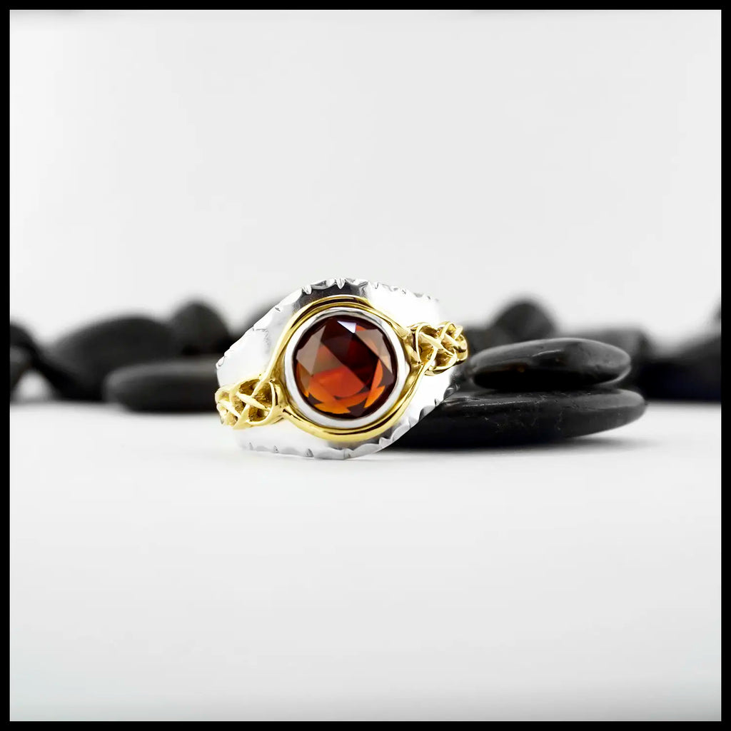 Bright garnet signet style mens ring in silver and gold