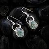 Custom teardrop shaped green agate drop earrings set in silver with textured silver arches attached to ear wire