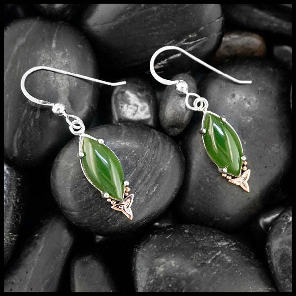 green marquise jade drop earrings set in silver with rose gold trinity knot and beading accent