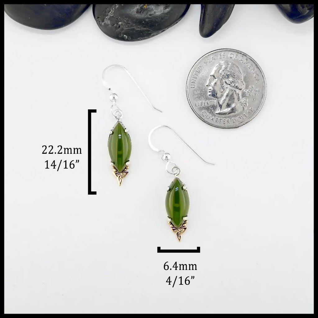 green marquise jade drop earrings set in silver with rose gold trinity knot and beading accent