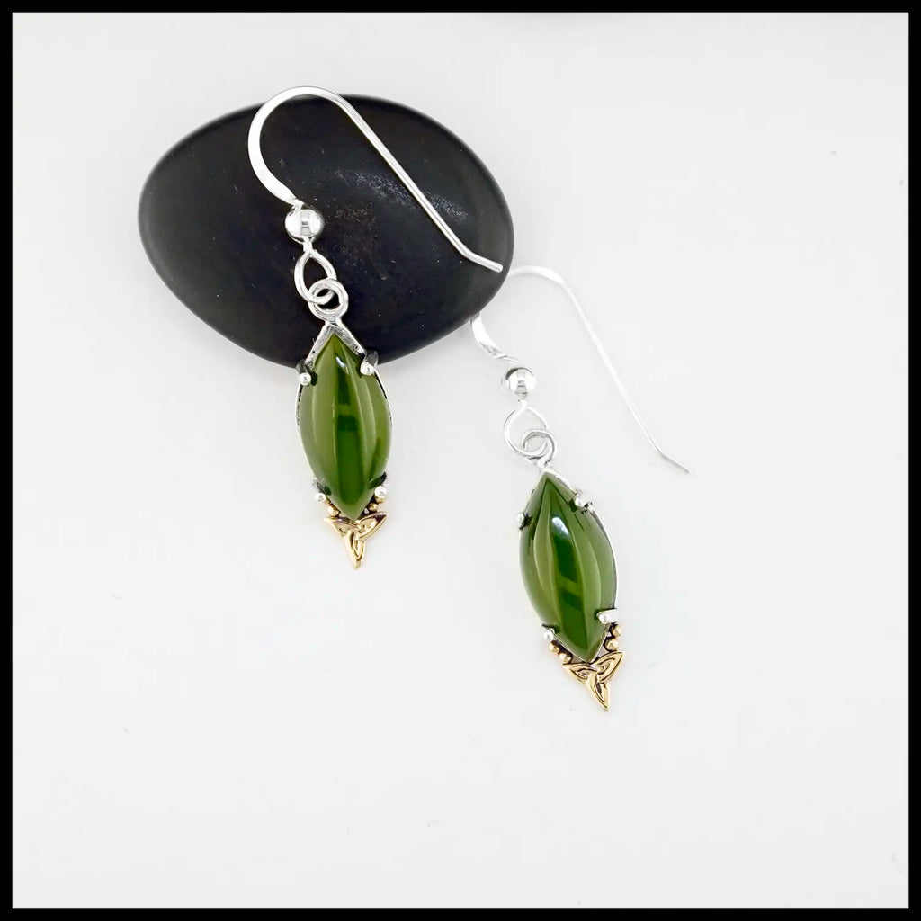 green marquise jade drop earrings set in silver with rose gold trinity knot and beading accent