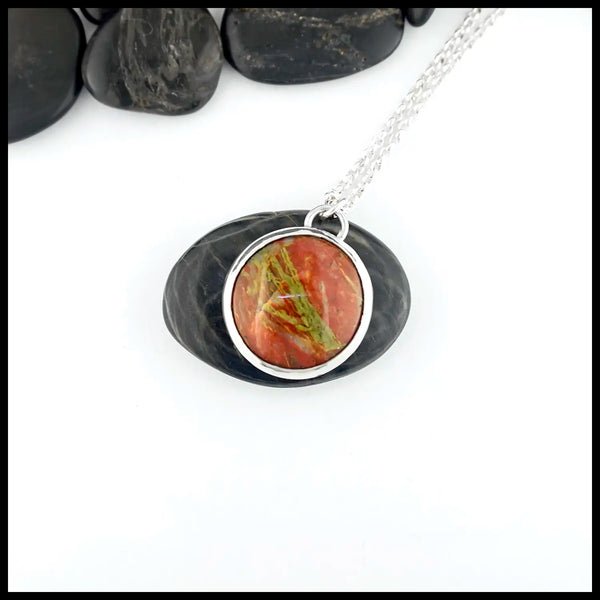 Sterling silver bezel set pendant with deep red Iona bloodstone with green veining throughout the stone