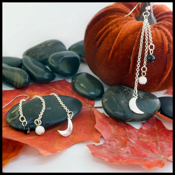 Sterling Silver crescent moon chained drop earrings with onyx and howlite beads