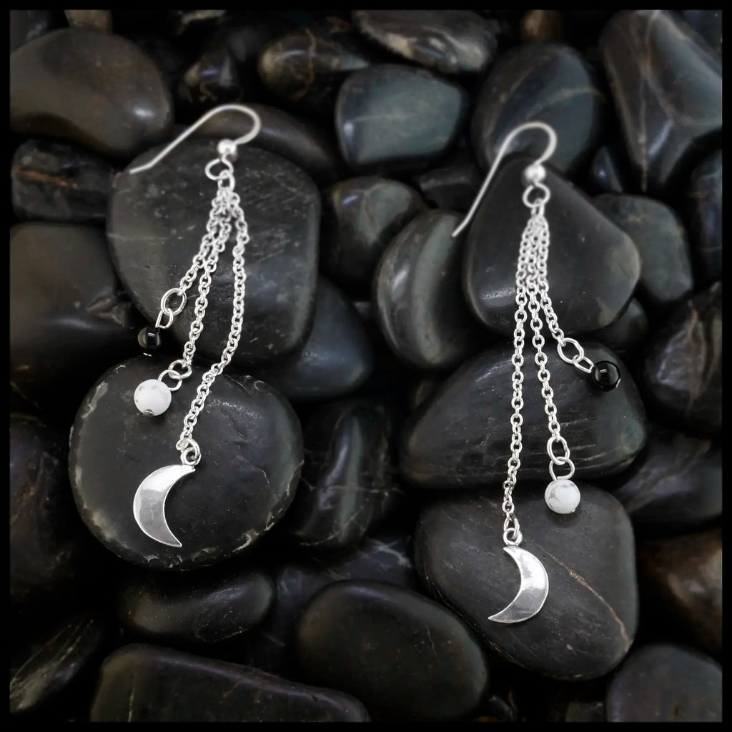 Sterling Silver crescent moon chained drop earrings with onyx and howlite beads