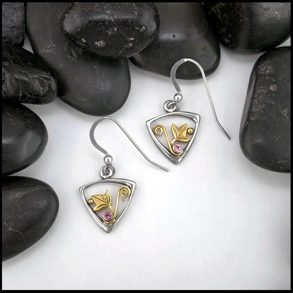 Triangle Sterling Silver Frame drop earrings with 18K yellow gold leaf accents and pink tourmalines